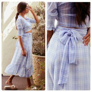 Lulus Midi Skirt Top Set Womens Large Blue White Gingham Plaid Bohemian Festival